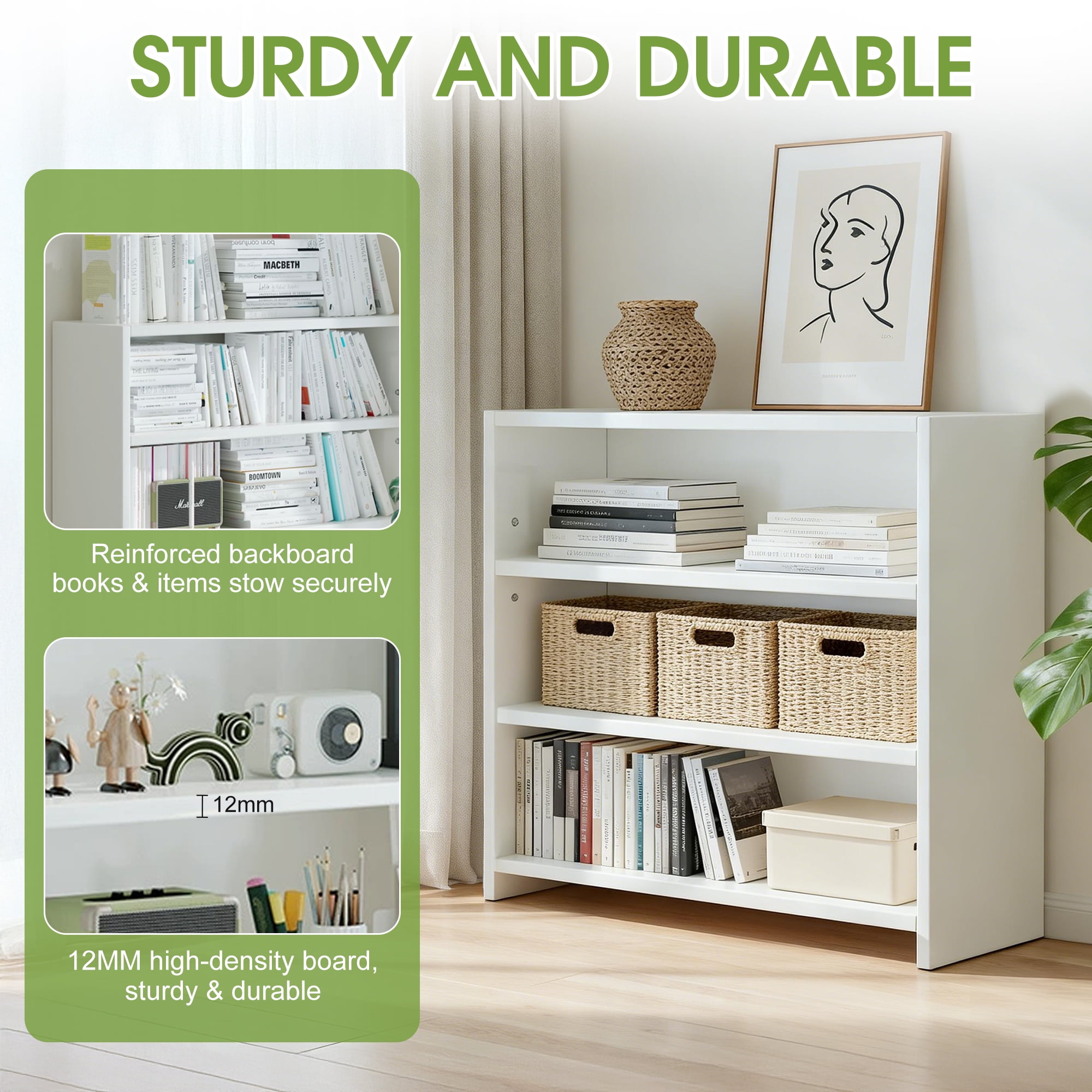 CISILOV 3-Tier Bookcase, Bookshelf with Adjustable Storage Shelves, Open Storage Cabinet, Modern Wooden Book Case, White Book Shelf for Home Office, Living Room, Bedroom