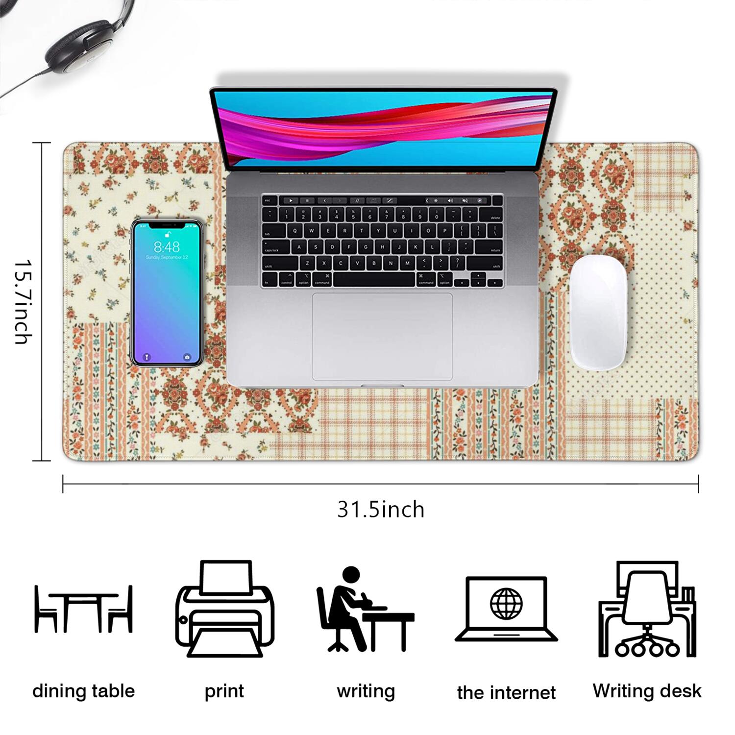 Long Mouse Pads for Desk,Pioneer Flower Floral Print Pattern Desk Mats on Top Of Desks, Desk Mouse Pad Extra Large with 3mm Non-Slip Base and Stitched Edge for Gaming,Office,Work,Home 31.5"x15.7"