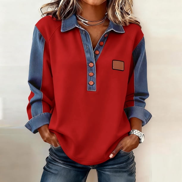 TaTaai Women's Collar Denim Patch Pullover Sweatshirt, Long Sleeve Casual Sporty Top, Solid Color Loose Fit Hoodie for Fall Winter Wear Gift