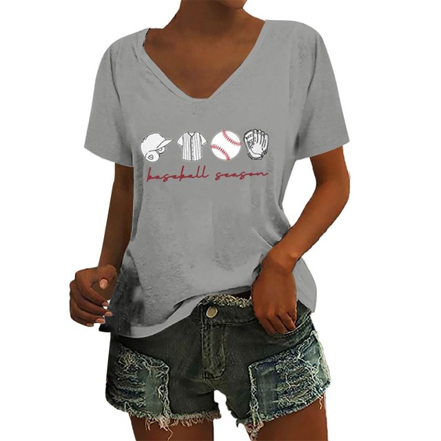WZXFASHION T-shirt à Manches Courtes pour Femmes de Festival de Baseball, Couleur Unie, Imprimé Baseball, Col en V, jusqu'à 50 % de Rabais T-shirt à Manches Courtes pour Femmes