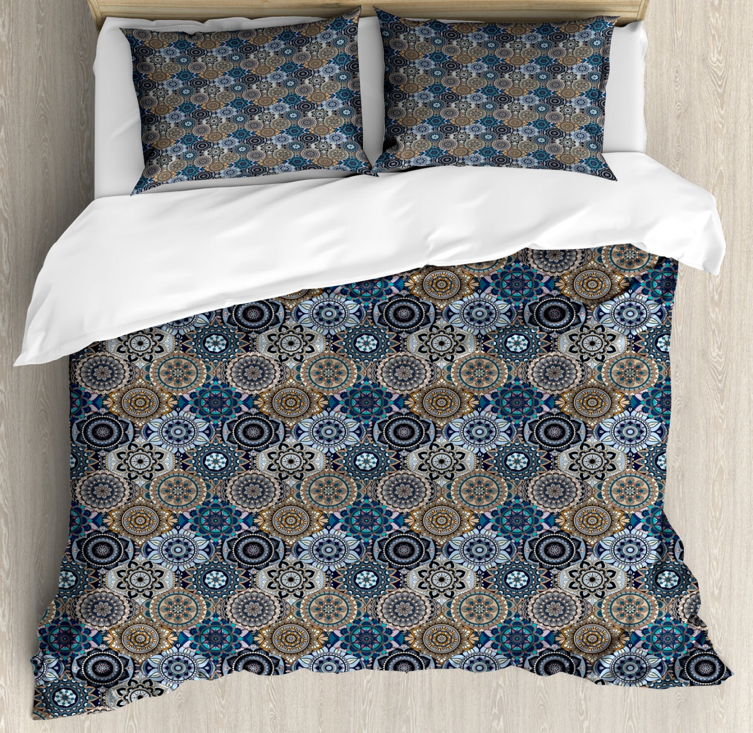 Moroccan Duvet Cover Set, Abstract Composition with Ancient Cultural