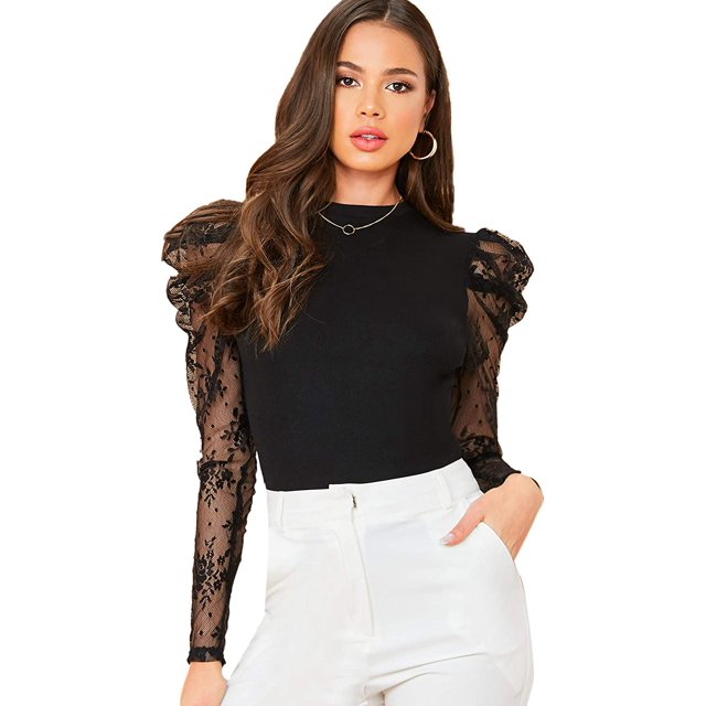 Blusas ajustadas con cuello redondo y manga abullonada para mujer Negro (Sheer Black) M Negro (Sheer Black) M Xishao ropa