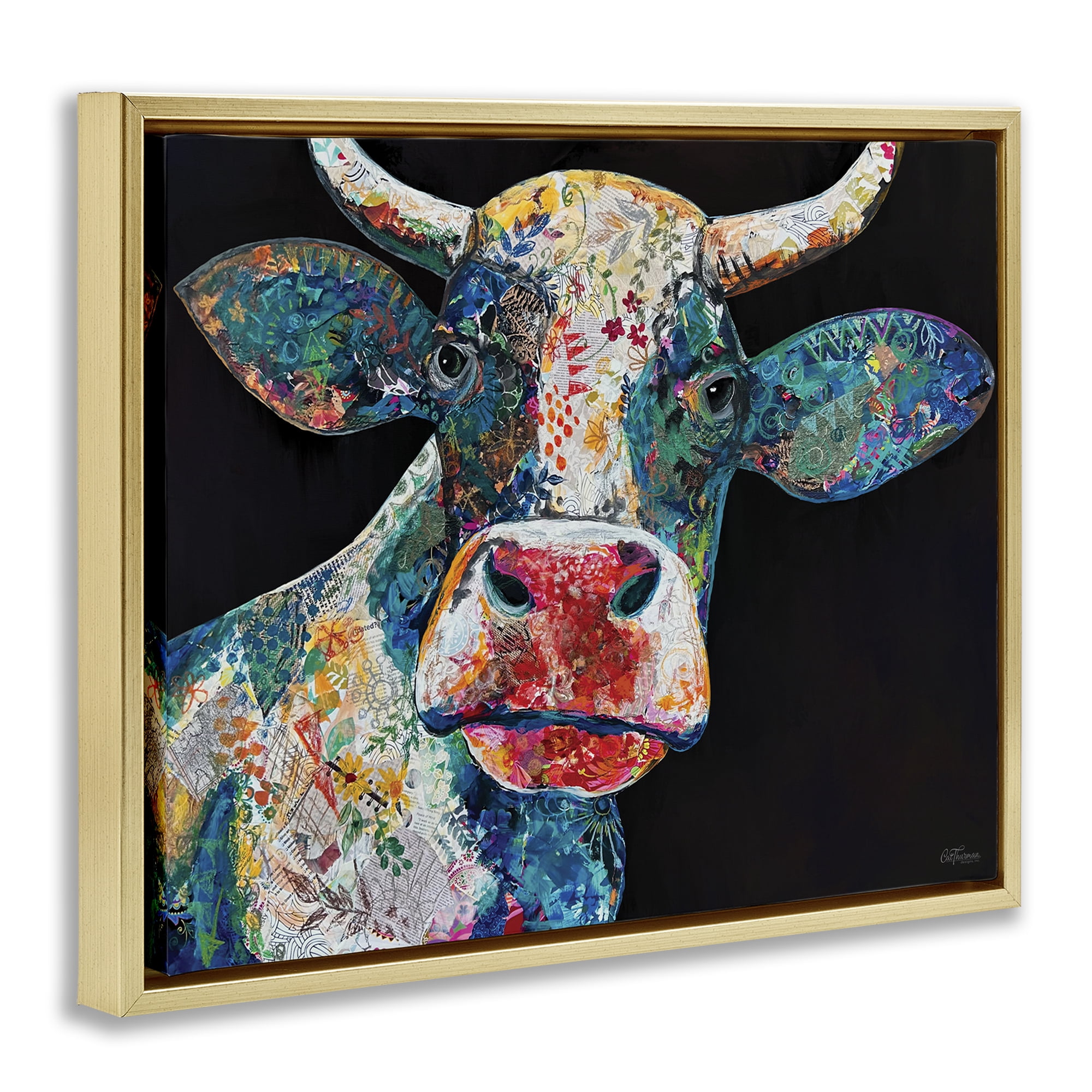 Stupell Industries Paisley Pattern Cow Animals & Insects Painting Gold Floater Framed Canvas Art Print Wall Art, 21 x 17