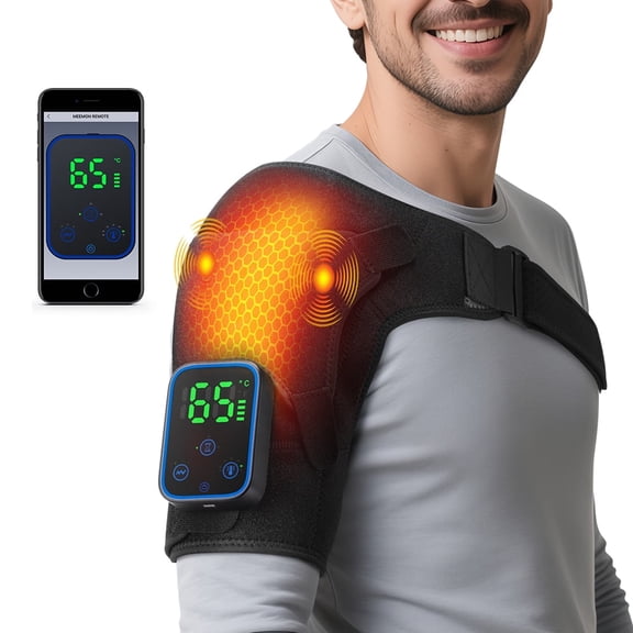 Heated Shoulder Wrap Massager, Electric Shoulder Heating Pads, App Control Cordless, Vibration Massage Heated Wrap Braces, 7 Heat & 3 Vibration for Shoulder Relief, Gifts for Mom Dad, Black
