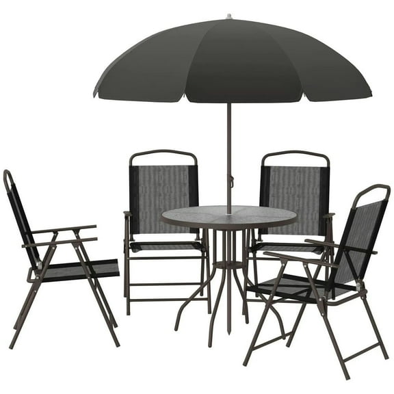 Yardi Yarda 6 Pieces Patio Dining Set for 4 with Umbrella, Outdoor Table and Chairs with 4 Folding Dining Chairs & Round Glass Table, Black