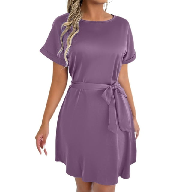 Robe Décontractée Grande Taille pour Femmes à Manches Courtes avec Ceinture Nœud Col Rond Fluide Confortable pour Fête Vacances Printemps Automne Usage Quotidien