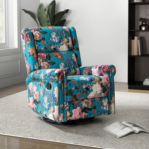 Fabric Manual Swivel Recliner Nursery Armchair Nailhead Trims Bedroom Home Living Room Peacock
