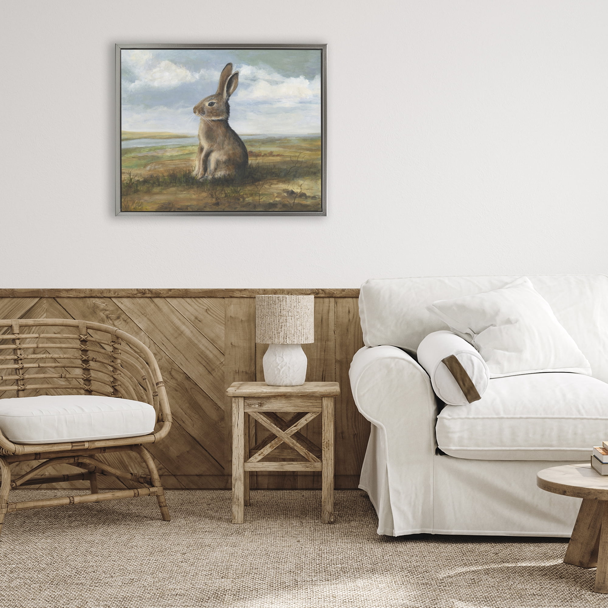 Stupell Industries Classic Rabbit in Countryside Gray Framed Floater Canvas Wall Art, design by Michael Willett