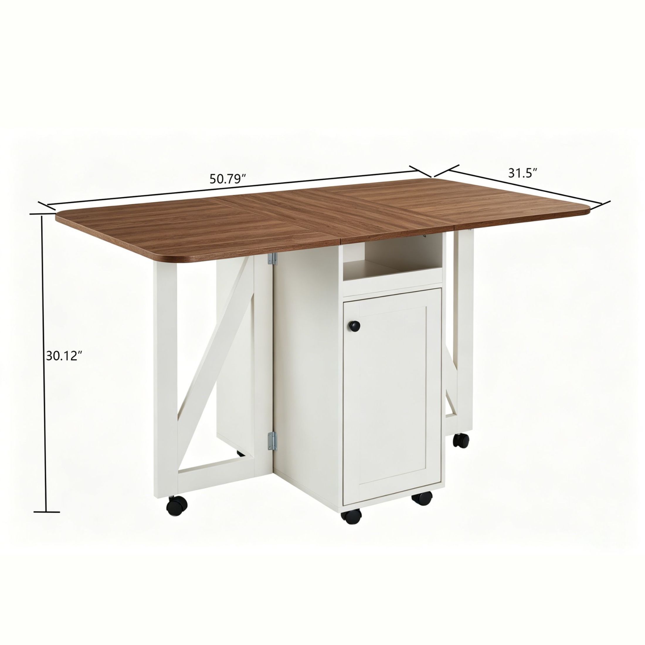GDF Studio 50.8" Foldable Drop Leaf Dining Table with Rolling Storage Cabinet, White+Walnut