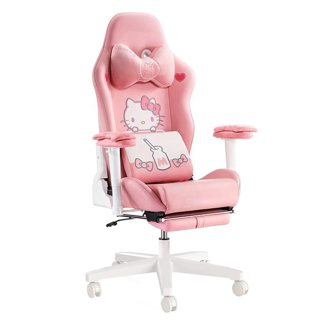 Silla para videojuegos Hello Kitty, cómoda silla ajustable con elevación para el hogar, sillas de oficina para ordenador de cuero PU rosa duradero con otomana