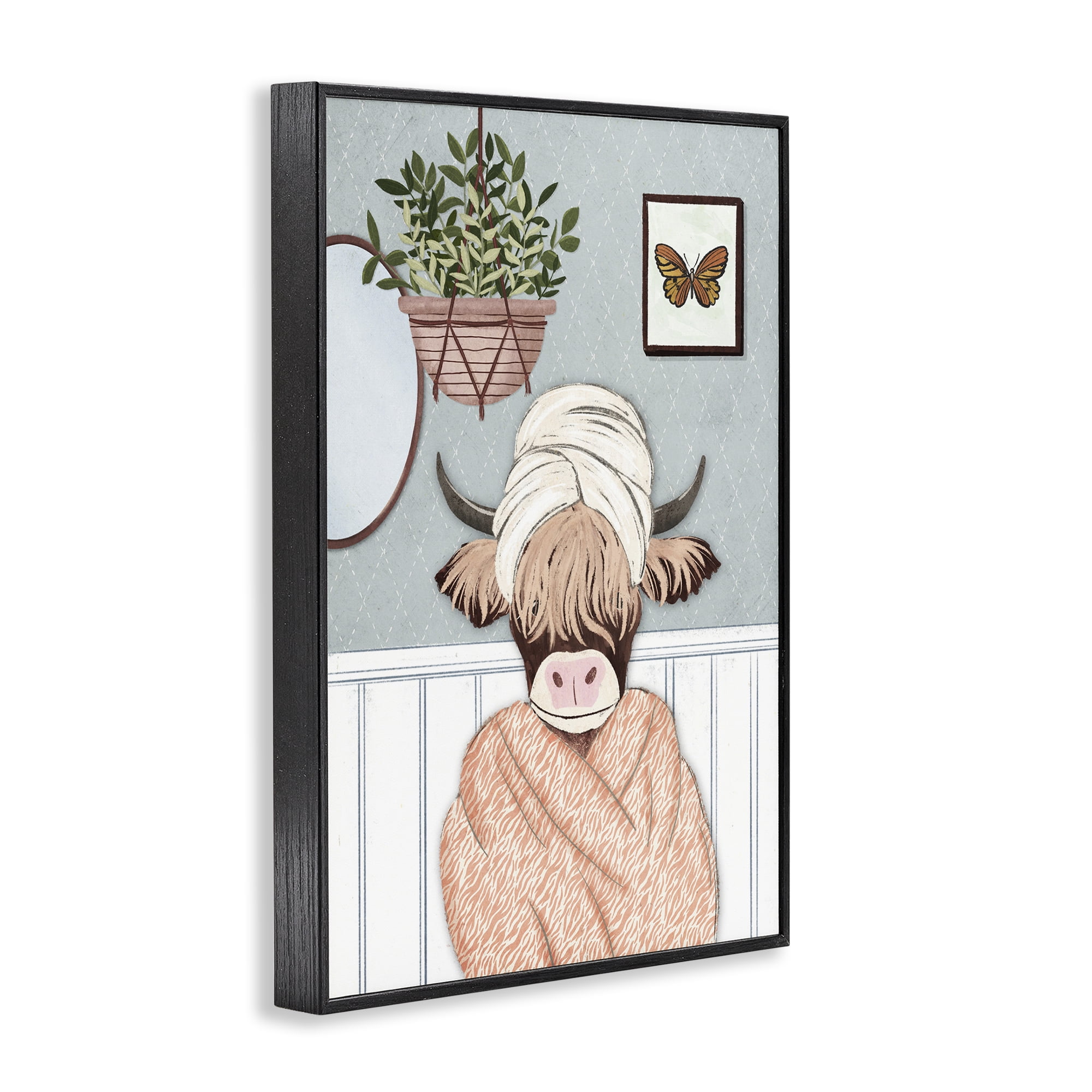 Stupell Industries Highland Cow Bathrobe Typography Painting Black Framed Art Print Wall Art, 12 x 18