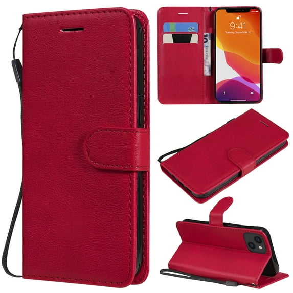 Nalacover Wallet Case for iPhone 14, Card Slots Holder Magnetic Clasp Premium Luxury PU Leather Flip Folio Cover with Kickstand Wrist Strap Soft Silicone Shockproof Case for iPhone 14,Red