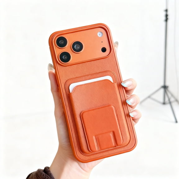 Designed For iPhone 15 Pro Phone Case,With Card Holder,Contractile Invisible Kickstand,Anti-Scratch PU Leather Back,Rugged Shokcproof Anti-fall Drop Protection Phone Case Cover,Orange