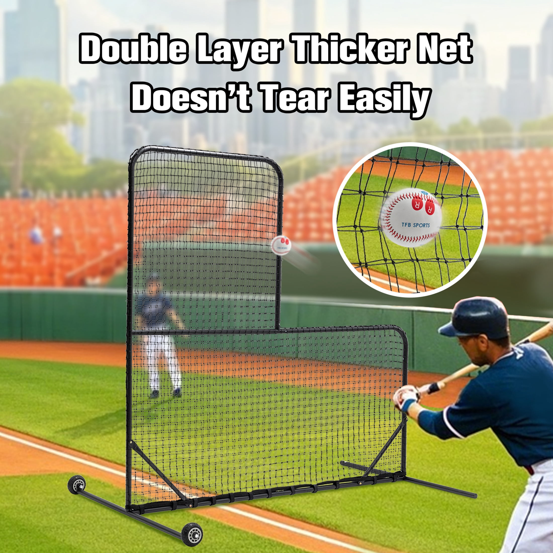 Noble House 84" L-Shaped Baseball Pitching Net with Wheels and Carry Bag, Heavy-Duty Training Screen, Black