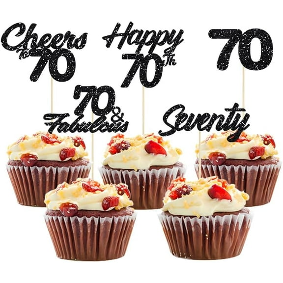 12pcs Black Glitter Happy 70th Birthday Cupcake Toppers Seventy Cheers to 70 Years Old Birthday Food for 70th Wedding Anniversary Party Cake Decorations