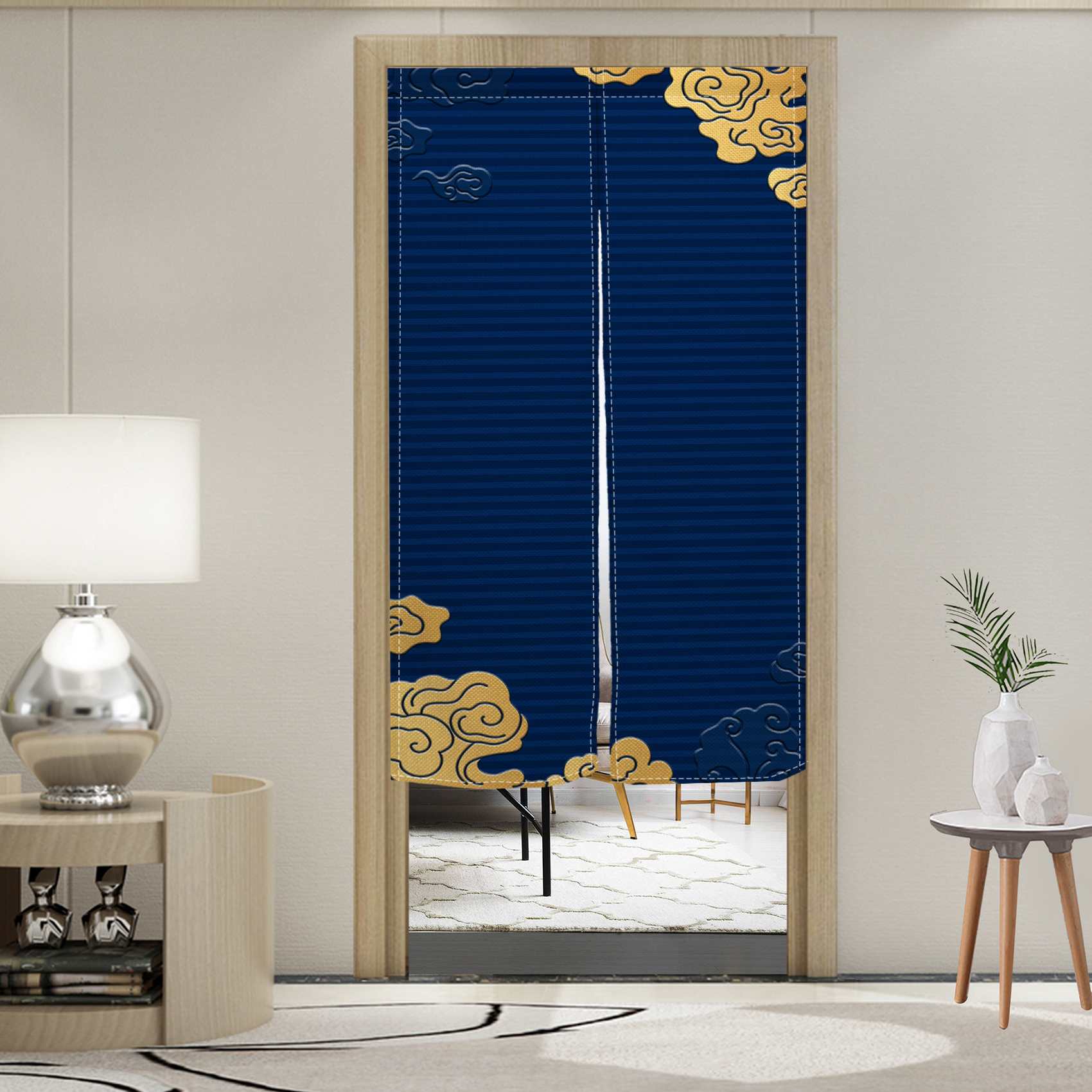 Noren Doorway Curtain Japanese Style Gold Cloud Printed Linen Window Treatment Door Tapestry for Home Decoration 33.5"x67",Navy Blue