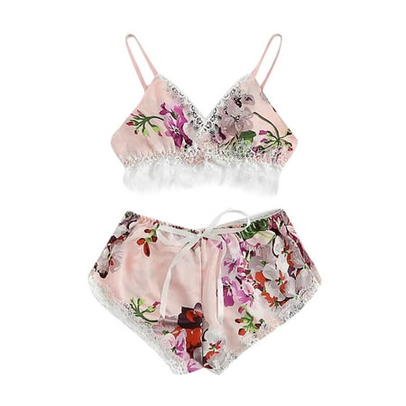 

Qcmgmg Sleepwear for Women Eyelash Satin Pjs Cami Crop Top Shorts Floral Lace 2 Piece Pajamas Pink M