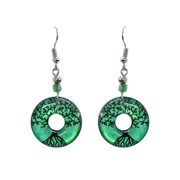 Round Circle with Hole New Age Spiritual Graphic Dangle Earrings - Womens Fashion Handmade Jewelry Hippie Accessories