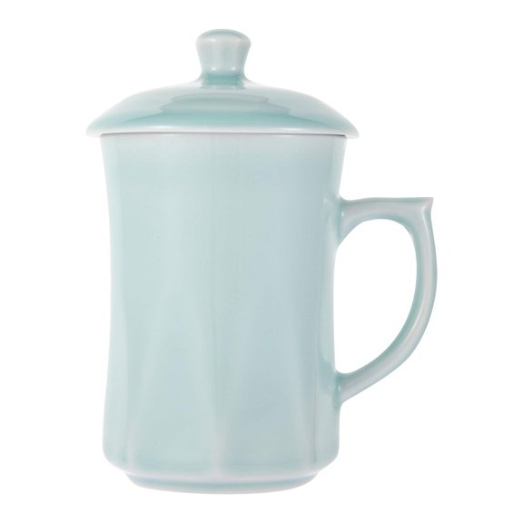 Celadon Teacup, Green Valley Luxury Diamond Shaped Celadon Cup with Lid, 13oz, Light Greenish Blue
