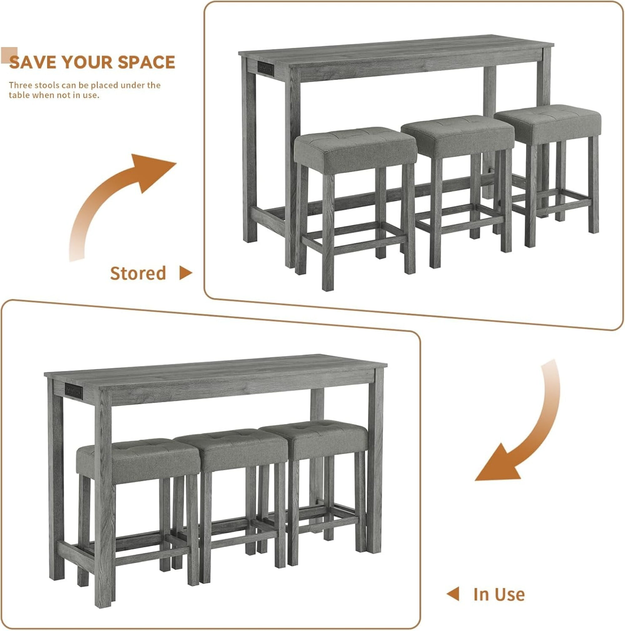 AENKYO 4-Piece Bar Table Set with Charging Station, 59" Counter Height Table and 3 Upholstered Stools for Small Space, Gray