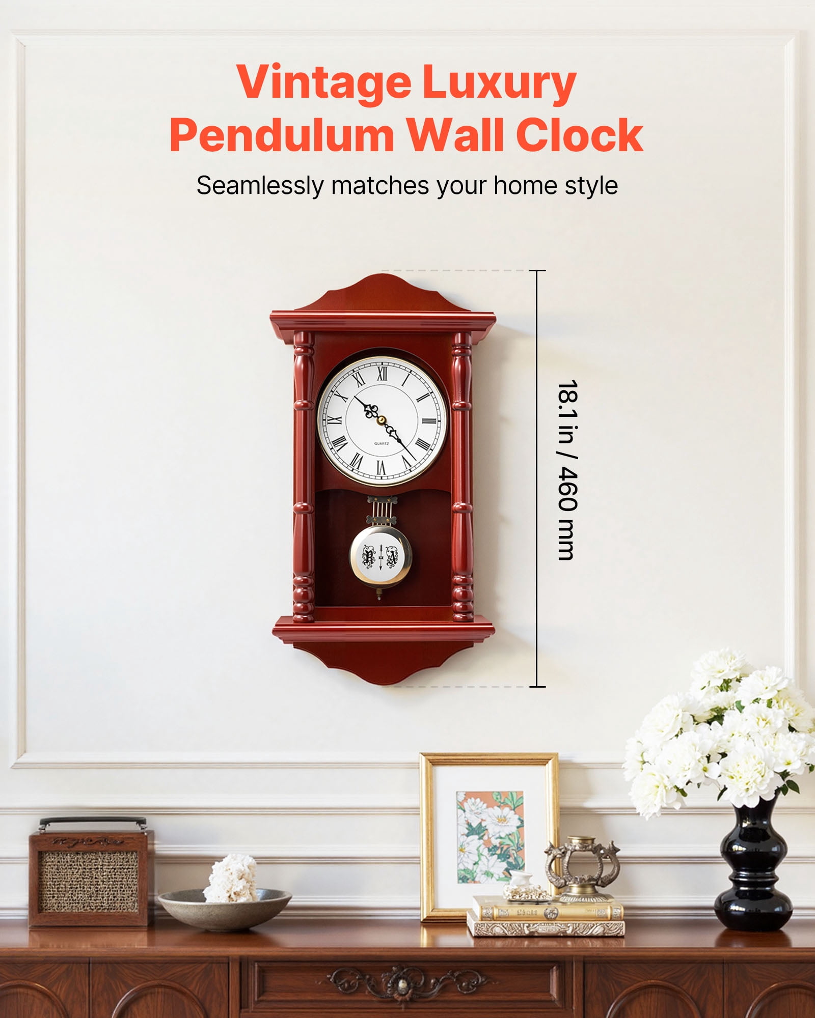 VEVOR Grandfather Clock, 18 in Classic Vintage Pendulum Clock, Pine Wood & MDF Wall Clocks with Quartz Movement and Quiet Design, for Living Room, Bedroom, Home Decor, and Gift (Cherry Tone Finish)