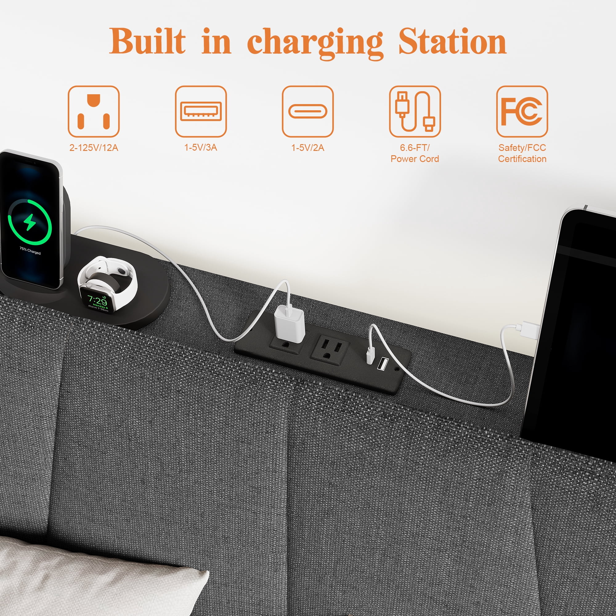 Neche Floating Upholstered Twin Full Queen King Platform Bed Frame with LED Lights, Charging Station & Storage Headboard, Gray