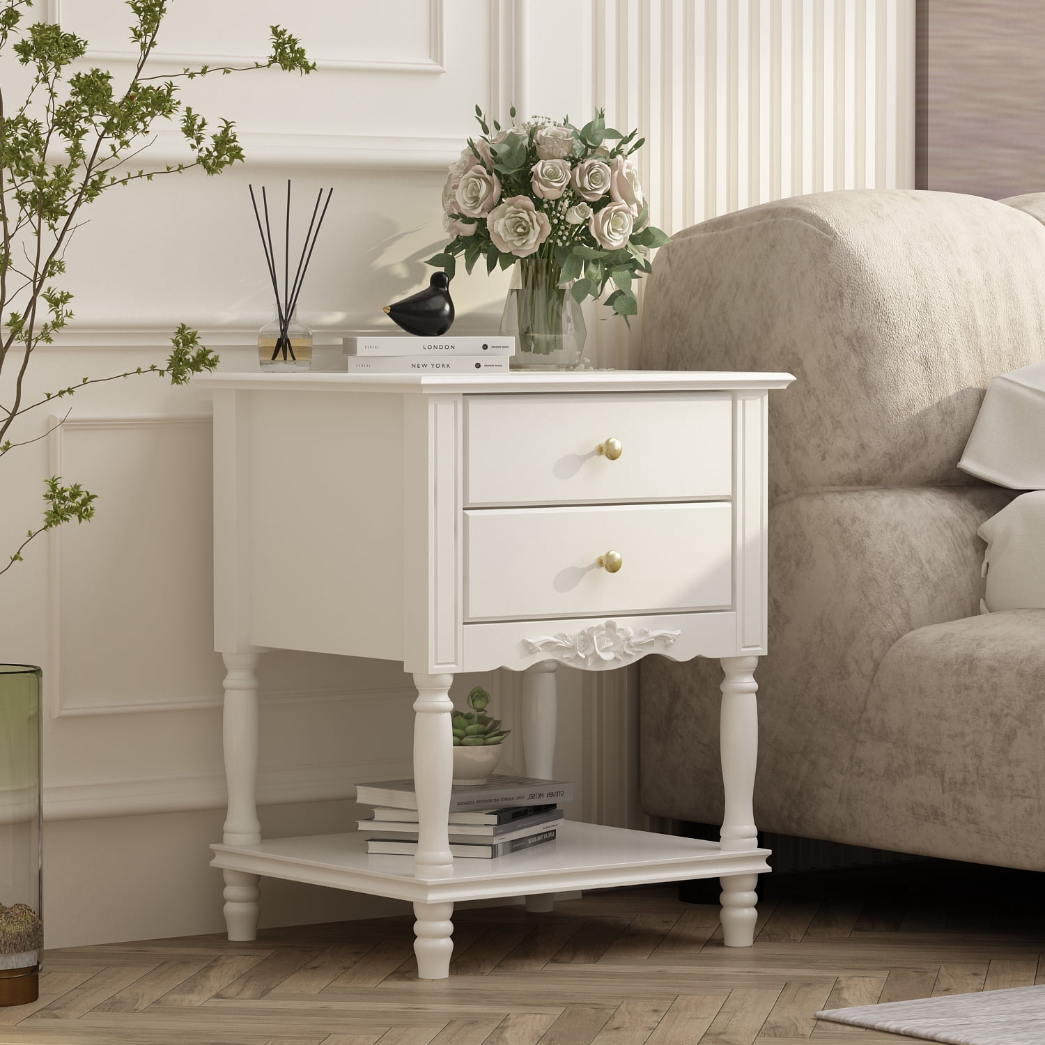 WIAWG Mid Century Nightstand Side Table with 2 Drawers and open shelf for Bedroom Living Room White