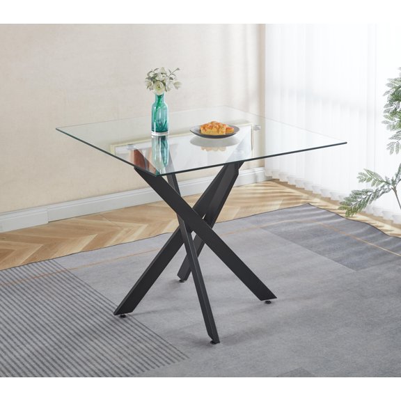 Wooden Coffee Tables Dining Table with cross metal leg and tempered glass,Modern Space Saving Kitchen Table for Living Room,black legsSquare table,90x90x75cm,Coffee Tables