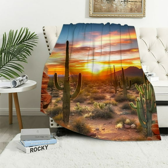 Shiartex Cactus Sunset Desert Throw Blanket for Couch Sofa Bed Office Decor All Seasons Soft Plush Blankets 40x50in