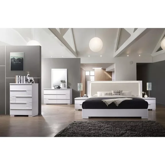 Modern 6 Piece California King Size Bedroom Furniture Set, Complete Bedroom Set, White Lacquer Finish