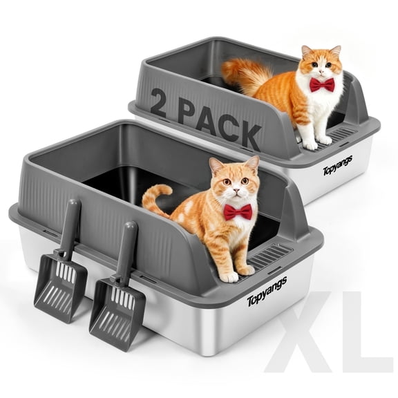 Topyangs 2 Pack Extra Large Stainless Steel Open Top Metal Cat Litter Box for Multi-Cat, Gray