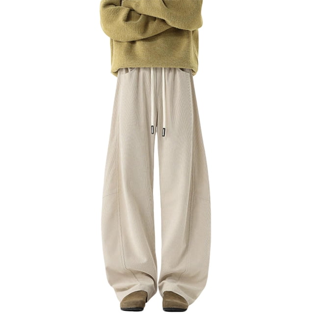 Ceisia Men Solid Color Corduroy Straight Leg Pants Elastic Waist Drawstring Gift Casual Trousers