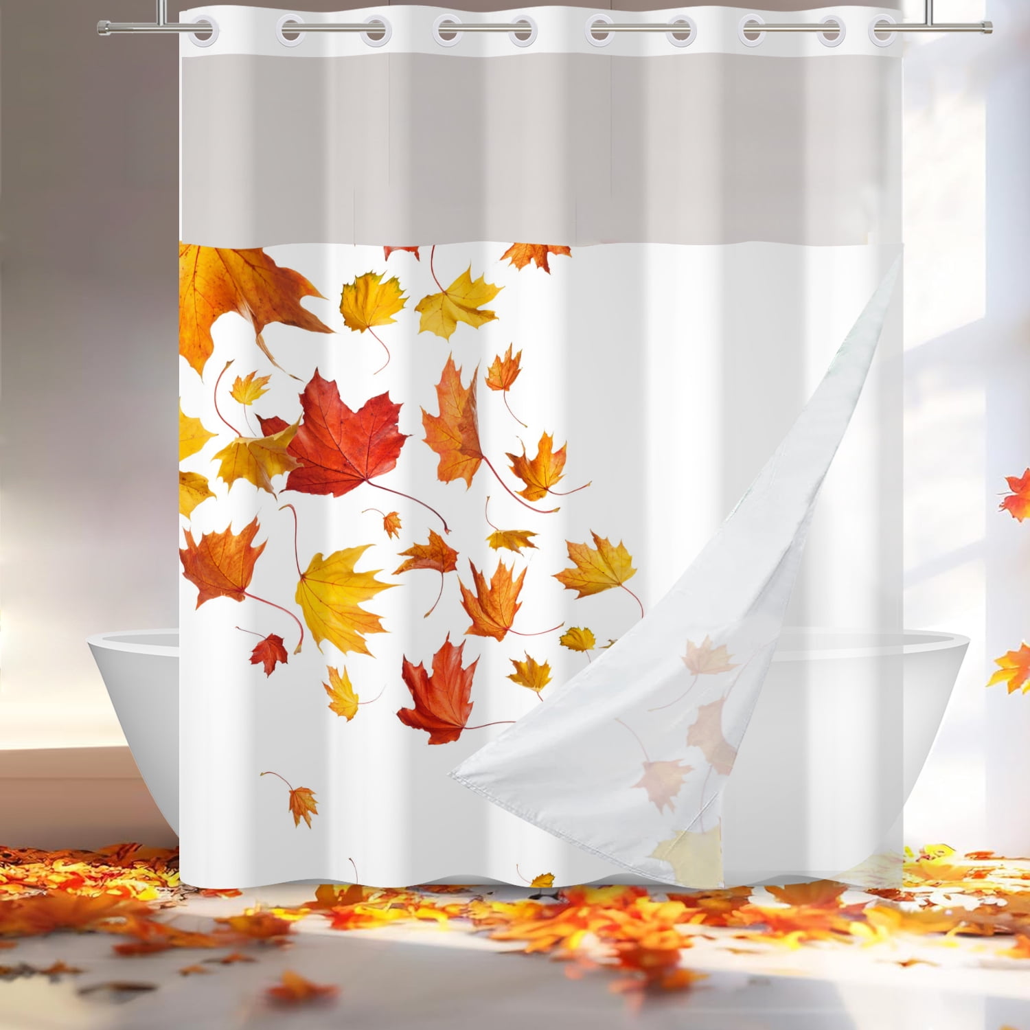 MIZHONA Fall Thanksgiving Shower Curtain with Snap in Liner,Maple Leaves No Hook Fabric Bathroom Curtain,71"× 86"
