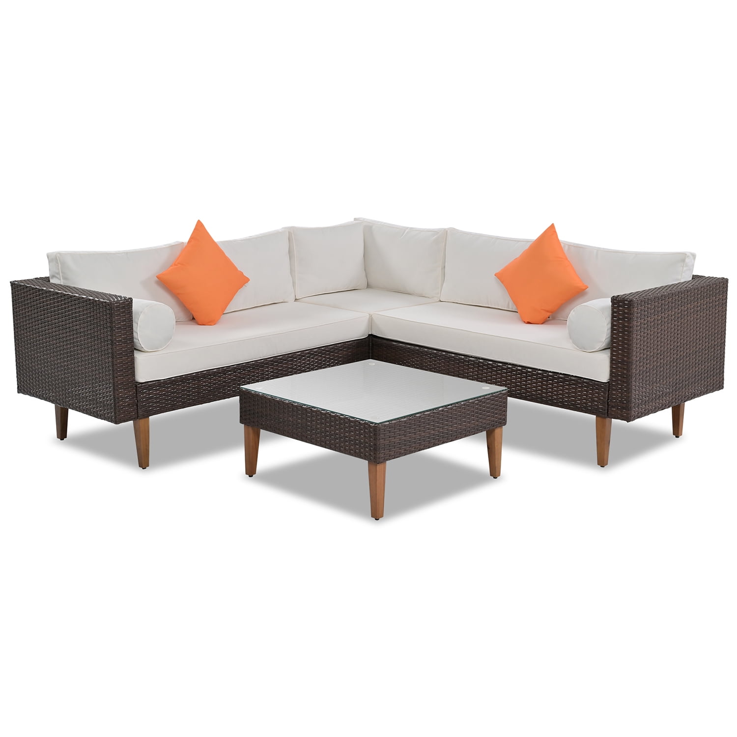 Kadyn 4-pieces Outdoor Wicker Sofa Set, Wicker Patio Furniture with Colorful Pillows, Modern L-shape sofa set for Garden, Beige Kadyn 4-pieces Outdoor Wicker Sofa Set, Wicker Patio Furniture with Colorful Pillows, Modern L-shape sofa set for Garden, Beige