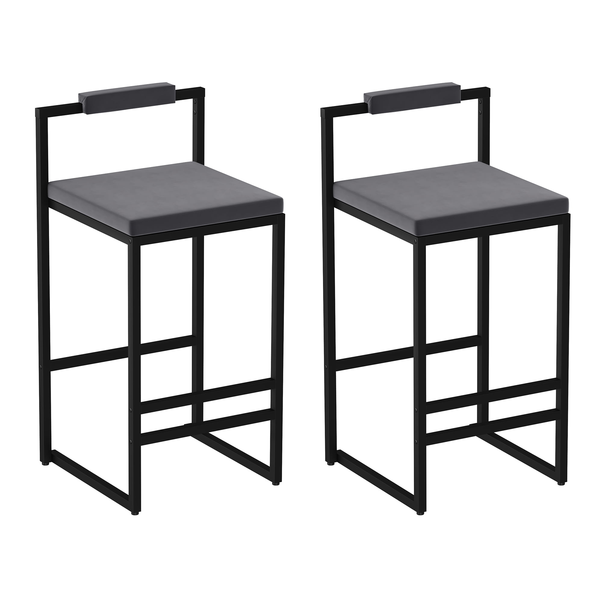 Upholstered Velvet Bar Stools Set of 2 Counter Height with Low Back and Footrest Gray Fabric and Black Metal Frame for Kitchen Island