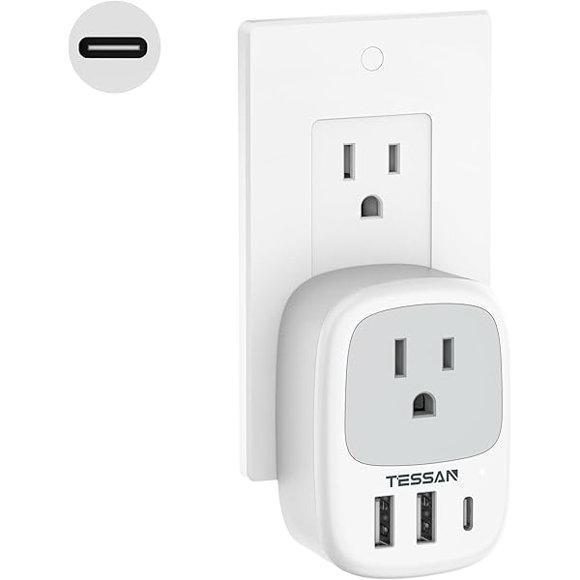 LinQingQ Wall Charger Block, 3 USB Charging Ports (1 USB C) and 1 AC Outlet Splitter, TESSAN 1875W Wall Outlet Extender, Multi Plug Adapter for Cruise, Home, Office, Dorm Room Essentials