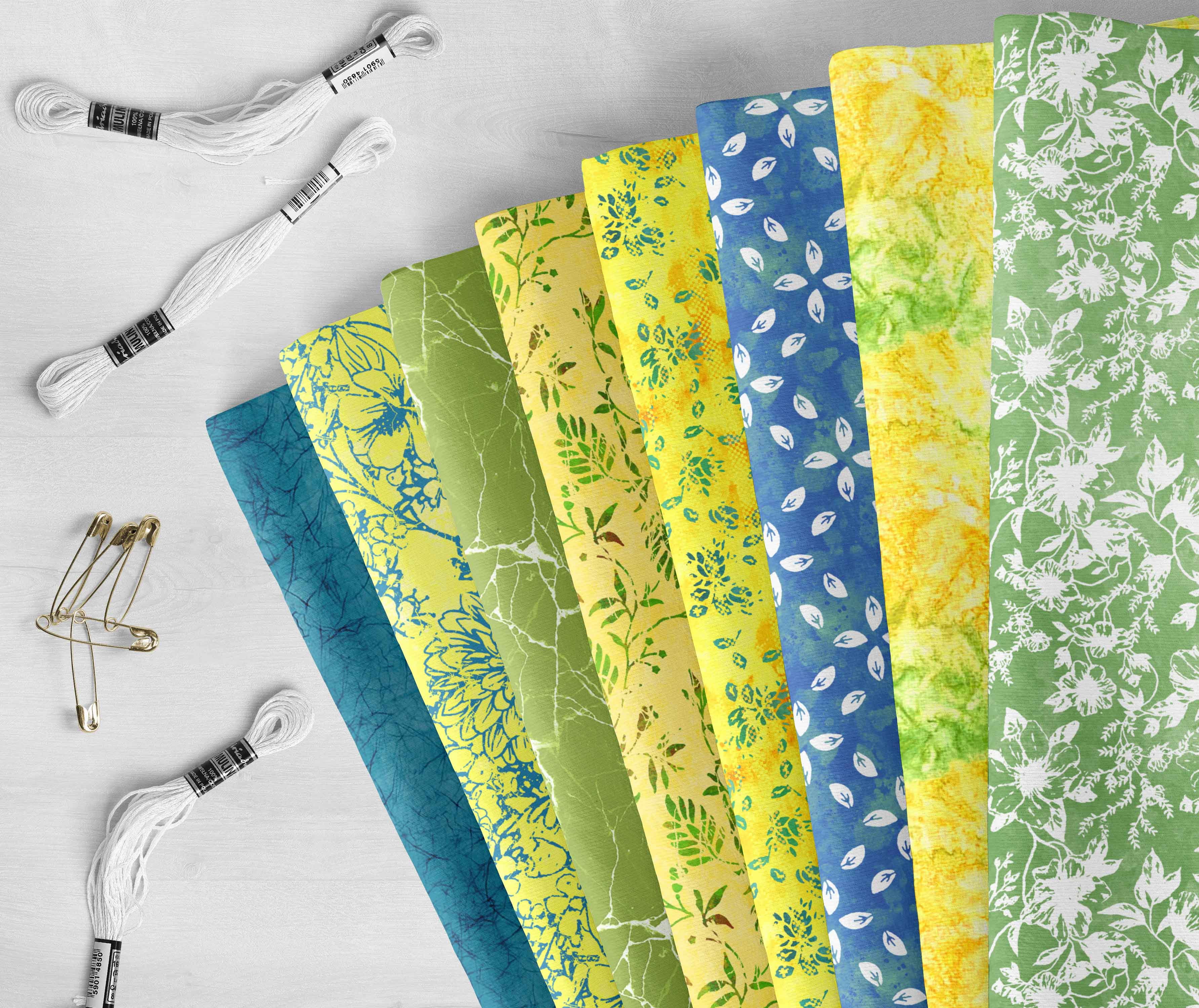 Soimoi 8 Pc Fat Quarter Bundle,BatikPrint 18"x 22"DIY Patchwork-100% CottonPre-Cut Quilting Fabric Green, Blue & Yellow