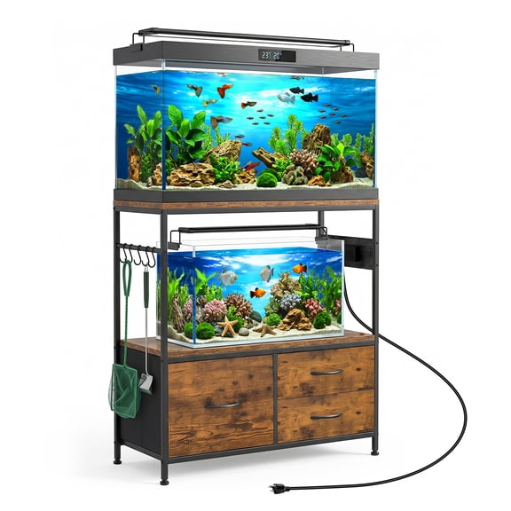 Fish Tank Stand for 20-29 Gallon, Metal Double Aquarium Stand with Cabinet, Heavy Duty Reptile Terrarium Stand for Home Office, 31.5"L x 15.7"W x 32.5"H, 330 LBS Capacity, Black/Brown