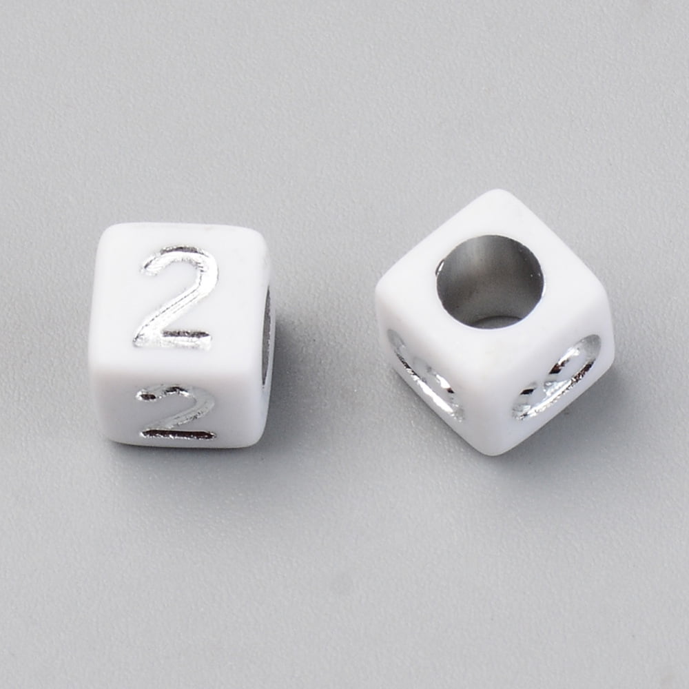 500g PVD Vacuum Plating Acrylic Beads Opaque Cube with Number White Silver Plated 6x6x6mm Hole: 3.5mm 2900pcs/500g