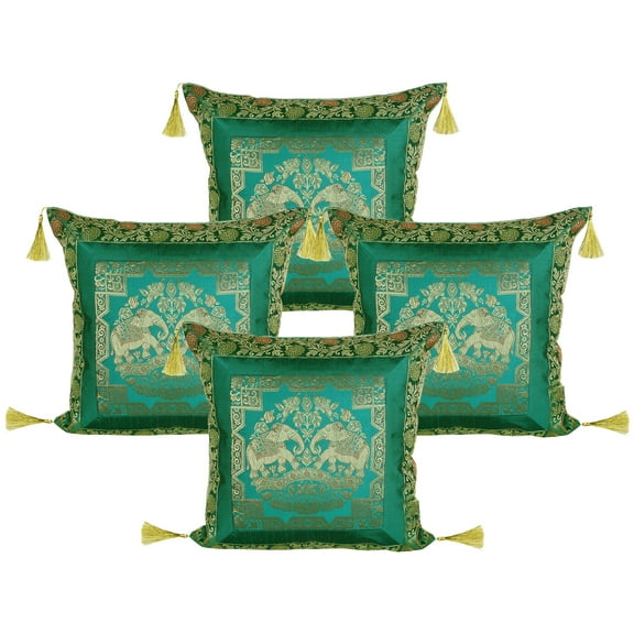 Stylo Culture Indian Brocade Decorative Throw Pillow Sham Covers Emerald Green Gold 18x18 Jacquard Tassels Sofa Cushion Covers 45 x 45 cm Polydupion Silk Zippered Elephant Pillow Cases | Set Of 4