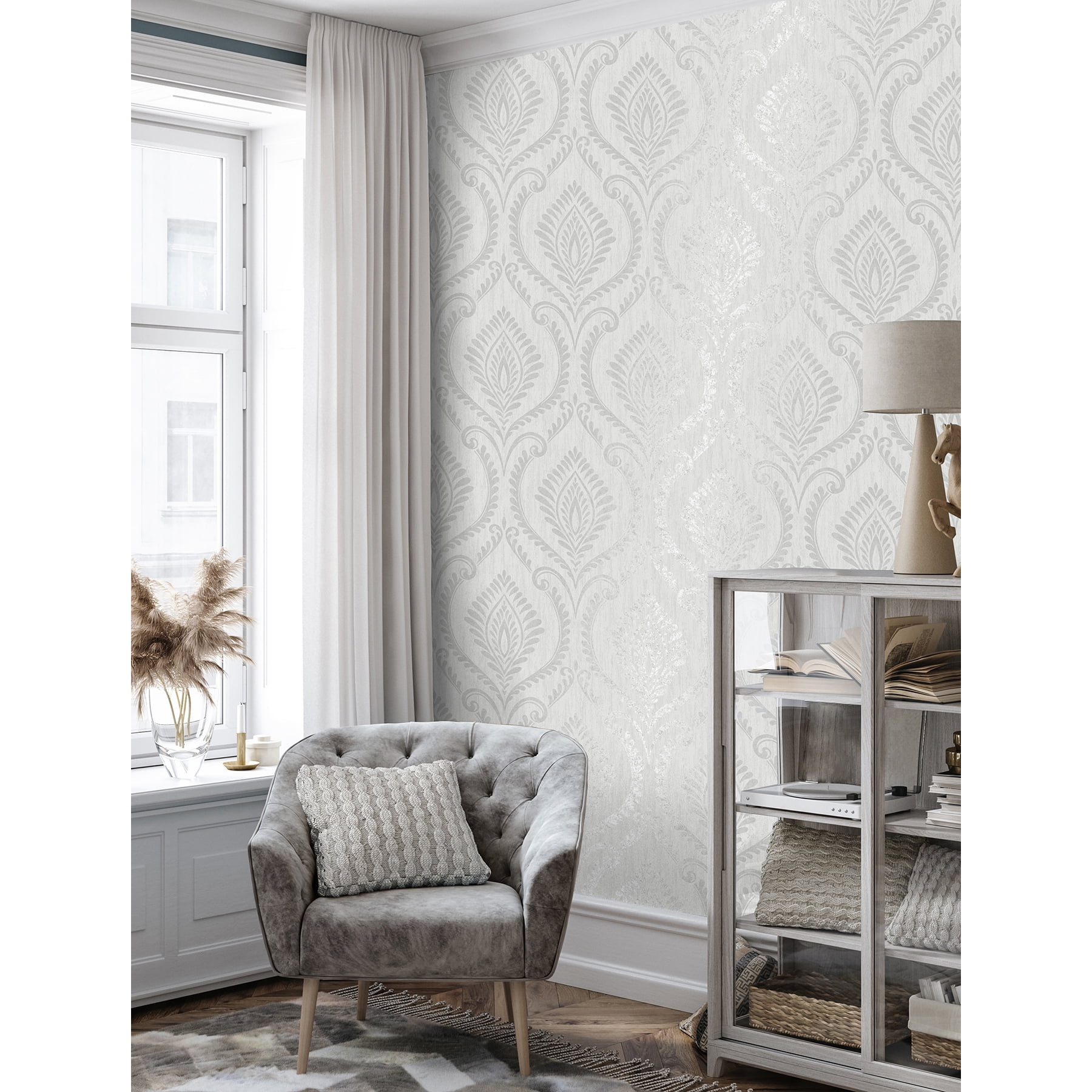 Fine Decor Estelle Grey Damask Wallpaper, 20.5-in by 33-ft