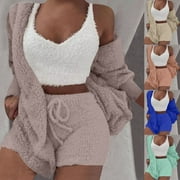 Lovskoo Women Fuzzy 3 Piece Outfit Pajamas Fleece Hooded Cardigan Outwear Sleeveless Crop Tops Shorts Nightwear Set Mint Green