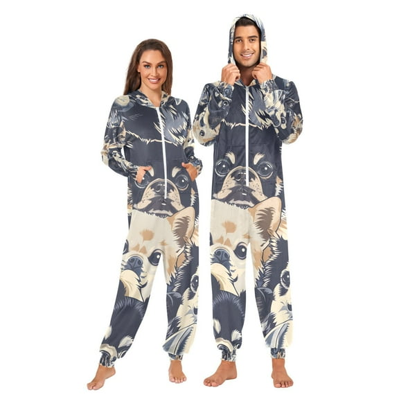 Lovely Dogs Adult Onesie Pajamas Slim Fit Christmas One Piece Suit Pjs for Women and Men Hooded Zipper