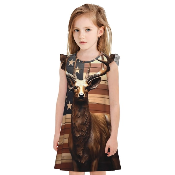 Fotbe Deer American Flag Vintage Vestido de Dormir para Niñas de 3 a 10 Años, Mangas Cortas, Estilo Princesa, Pijama Camisón con Mangas Voladas-X-Large