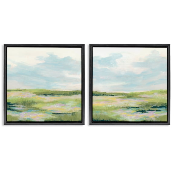 Stupell Industries Pastel Meadow under Blue Sky Landscape & Nature Painting Black Floater Framed Canvas Art Print Wall Art, 18 x 18, Set of 2