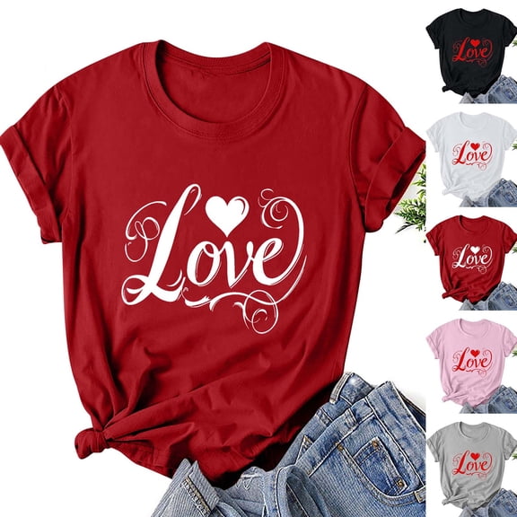 VKOYWKM Valentine T Shirts Women Heart Print Tees Holiday Crewneck Tops Casual Short Sleeve T Shirts Valentine Gift Top Spring Fashion