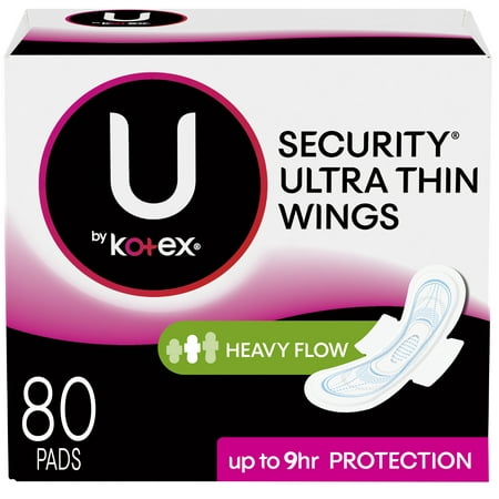 U by Kotex Security Ultra Thin Pads with Wings, Heavy Flow, Unscented, 80