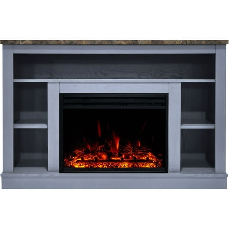 

Hanover Oxford 47 In. Electric Fireplace Heater with 1500W Deep Log Insert Multi-color Flames and A/V Storage Mantel in Slate Blue