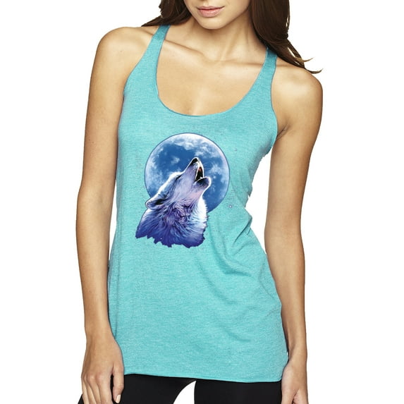 Wolf Howling at the Moon | Womens Animal Lover Premium Tri-Blend Racerback Tank Top, Tahiti Blue, Large