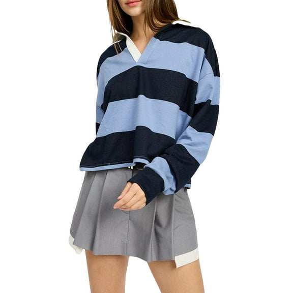 Rdhnmea Women Long Sleeve Lapel V Neck Wide Striped T-shirt Spring Autumn Loose Sweatshirt Loose Pullover Y2K Shirt Top